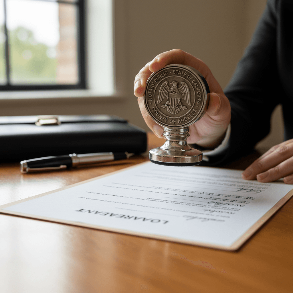 Notary public stamping and signing official documents at a professional desk
