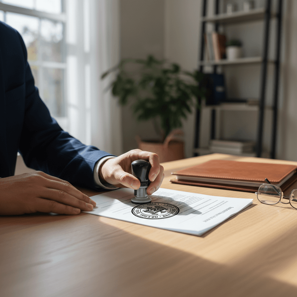 Notary reviewing and stamping official documents at desk