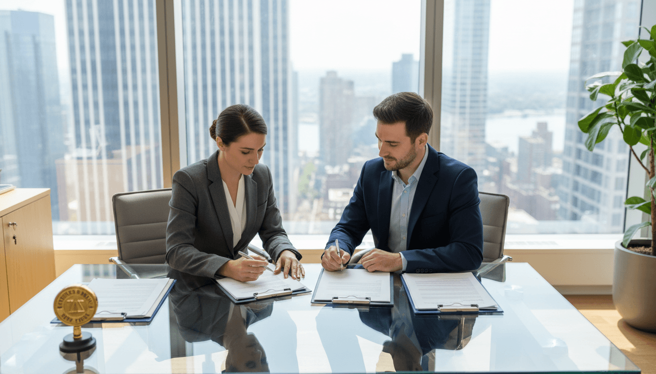 Notary public reviewing documents at professional desk